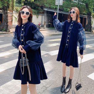 Sheer Panel Long-sleeve Corduroy A-line Dress