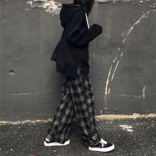 Plaid Straight-cut Pants / Plain Hoodie