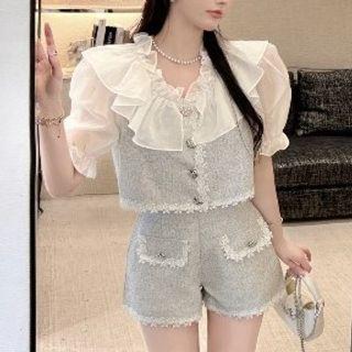 Short-sleeve Ruffled Lace Trim Blouse / Shorts