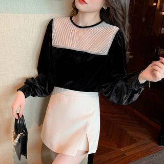 Mesh Panel Faux Pearl Velvet Blouse