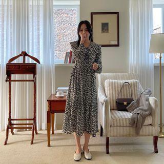 Frill-collar Double-breasted Floral Long Dress