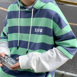Mock Two Piece Letter Print Striped Hoodie