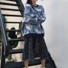 Crane Print Sweatshirt / Asymmetric Hem Midi Plaid Skirt