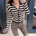 Polo-neck Striped Zip Cardigan Stripes - Black & White - One Size