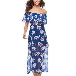 Printed Off-shoulder Midi Dress