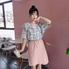 Ruffle Trim Plaid Short-sleeve Top / Plain Straight-cut Mini Skirt