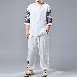 Set: 3/4-sleeve Printed Chiffon Top + Harem Pants