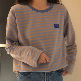 Long-sleeve Applique Striped T-shirt Stripes - Orange & Blue - One Size