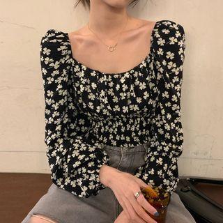 Balloon-sleeve Floral Cropped Blouse