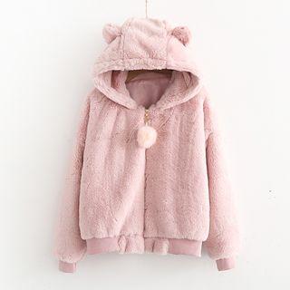 Pompom Furry Hooded Zip Jacket