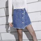 Fray-trim Asymmetric Denim Skirt