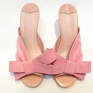 Genuine Leather Bow Heeled Slide Sandals