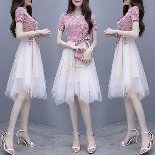 Striped Panel Short-sleeve A-line Mesh Dress