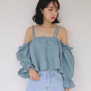 Open Shoulder Ruffle Long-sleeve Top