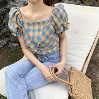 Plaid Twisted Puff-sleeve Blouse