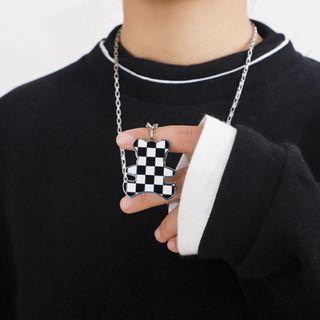 Checkered Bear Pendant Chain Necklace Silver - One Size