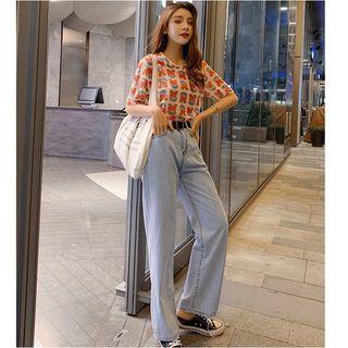 Flower Print Short-sleeve T-shirt / High-waist Wide-leg Jeans