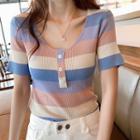 Short-sleeve Striped Ribbed Knit Top Stripes - Blue & Pink - One Size