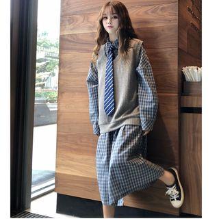 V-neck Knit Vest / Plaid Midi Shirtdress