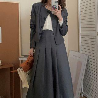Long-sleeve Round-neck Single-breasted Plain Blazer / High-waist Plain A-line Skirt