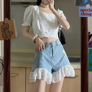 Short-sleeve Lace Top / Lace Trim Denim Shorts