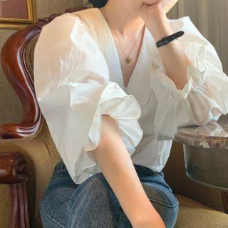 V-neck Ruffled Lace Blouse As Shown In Figure - One Size