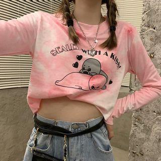 Long-sleeve Tie-dyed Bear Print Cropped T-shirt