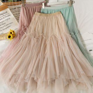 Asymmetrical Ruffle-trim Mesh Midi Skirt
