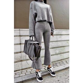 Set: Turtle-neck Cropped Knit Top + Band-waist Boot-cut Pants