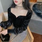 Mesh Panel Velvet Long-sleeve Slim-fit Top