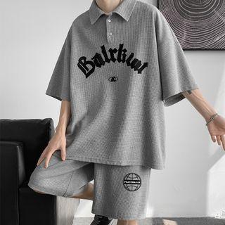 Set: 3/4-sleeve Lettering Polo Shirt + Shorts