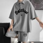 Set: 3/4-sleeve Lettering Polo Shirt + Shorts