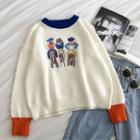 Color-block Printed Crewneck Long-sleeve Sweater Almond - One Size