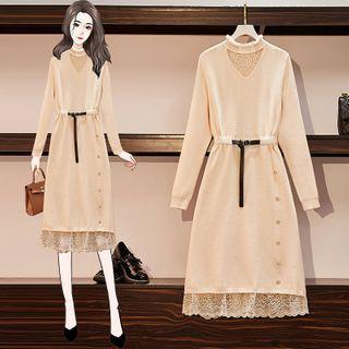 Long-sleeve Mock Two-piece Lace Midi Knit Dress