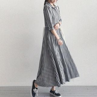 3/4-sleeve Gingham Maxi Shirtdress