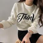 Slit-cuff Letter-embroidered Cropped Sweatshirt