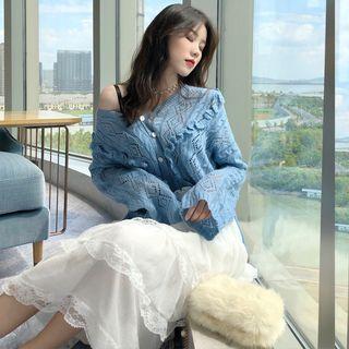 Long-sleeve Open Knit Top / Lace A-line Midi Skirt