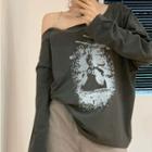 Long-sleeve Off-shoulder Print T-shirt Dark Gray - One Size