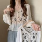 Long Sleeve Flower Embroidered Cropped Blouse