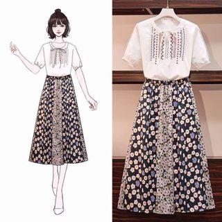 Set: Short-sleeve Embroidered Top + Midi Printed A-line Skirt