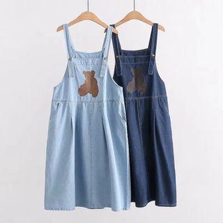Bear Embroidered Denim Overall Dress