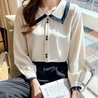 Long-sleeve Peter Pan Collar Contrast Trim Chiffon Shirt