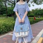 Short-sleeve Eyelet Lace Collar Plaid Midi A-line Dress Plaid - Blue & White - One Size