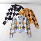 Long Sleeve Collar Argyle Print Crop Sweater