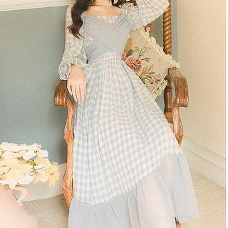 Long-sleeve Gingham Mesh Midi Dress