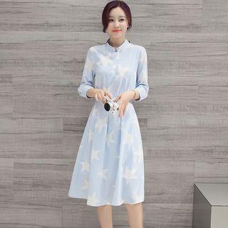 Star Print Striped 3/4 Sleeve Shirtdress