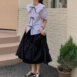 Short-sleeve Bow-front Blouse / Midi A-line Skirt