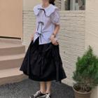 Short-sleeve Bow-front Blouse / Midi A-line Skirt