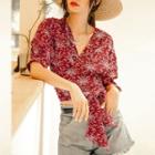 Elbow-sleeve Floral Print Tie-waist Blouse Floral - Red - One Size