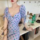 Dotted V-neck Elbow-sleeve A-line Dress Dots - One Size